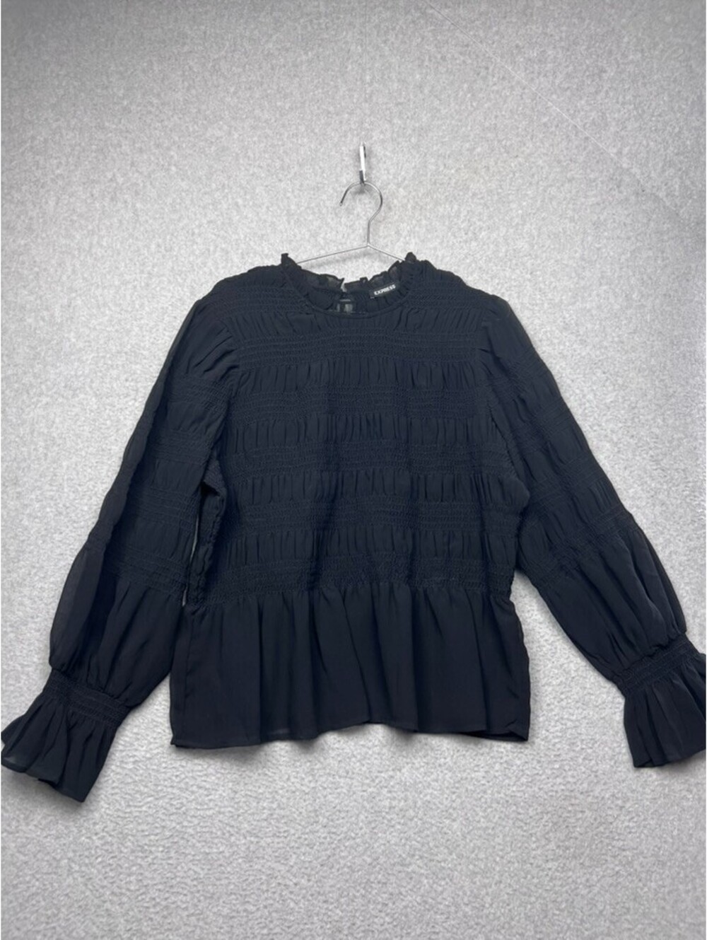EXPRESS Black Smocked Peplum Blouse XL Ruffle Mock Neck Balloon Sleeve Top Goth